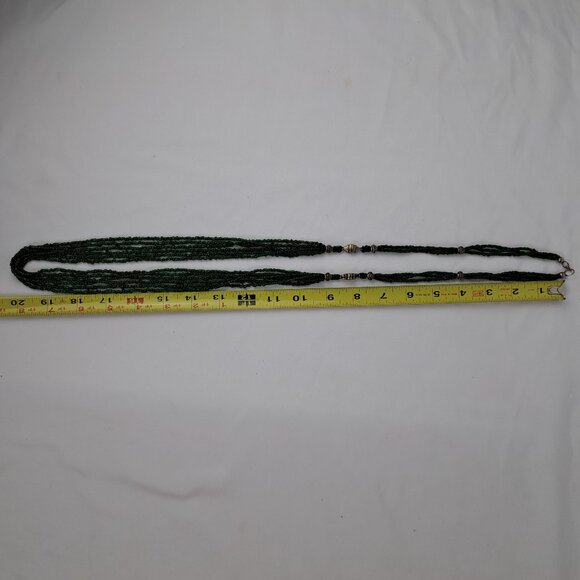 Long Multi Strand Green Glass Seed Bead Necklace w/ Silver Tone Beads - Picture 16 of 16